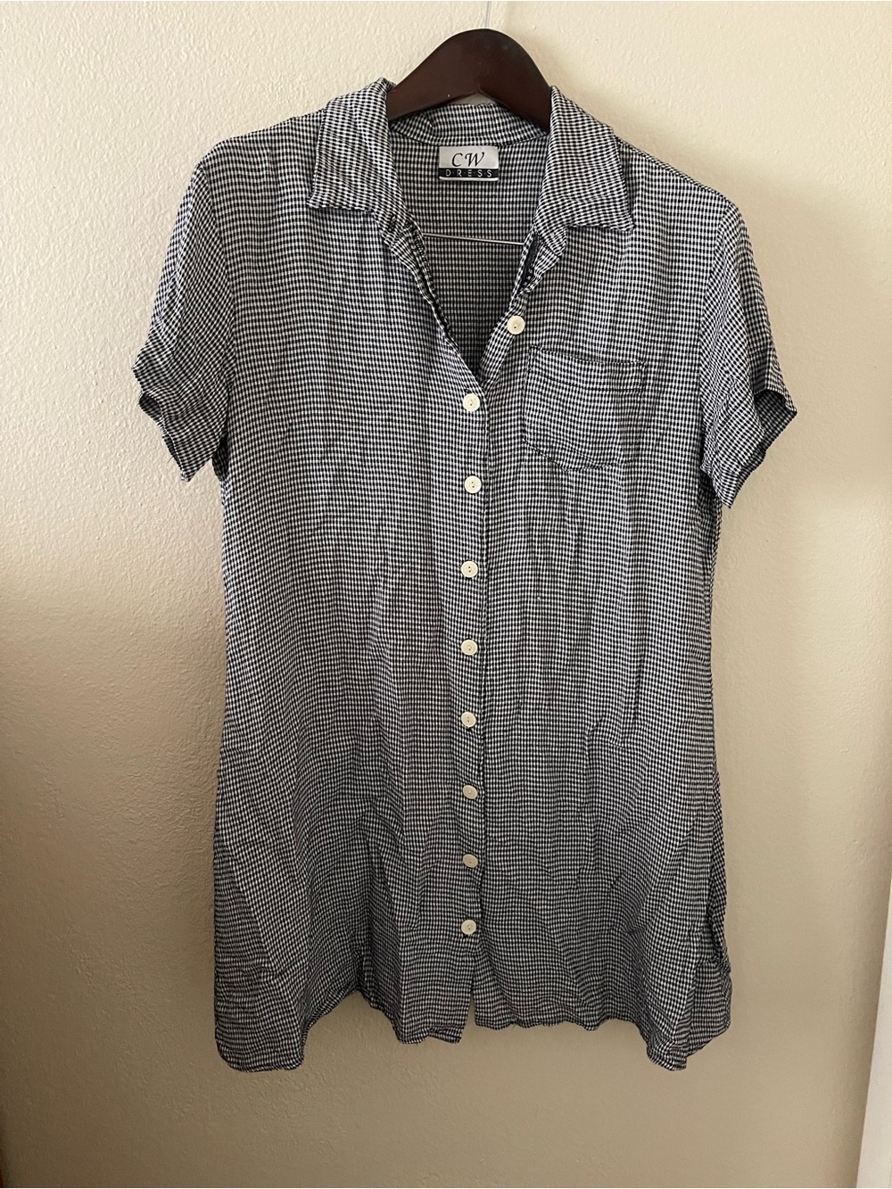 Black & White Gingham Button-Front Short Sleeve Dress